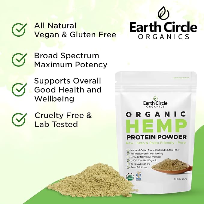 Earth Circle Organics Organic Hemp Protein Powder Lab Tested 100% Gluten Free Plant Based &amp Vegan Raw Protein Powder - Perfect for Keto Meal Replacement Shakes Pre &amp Post Workout (8oz Pac