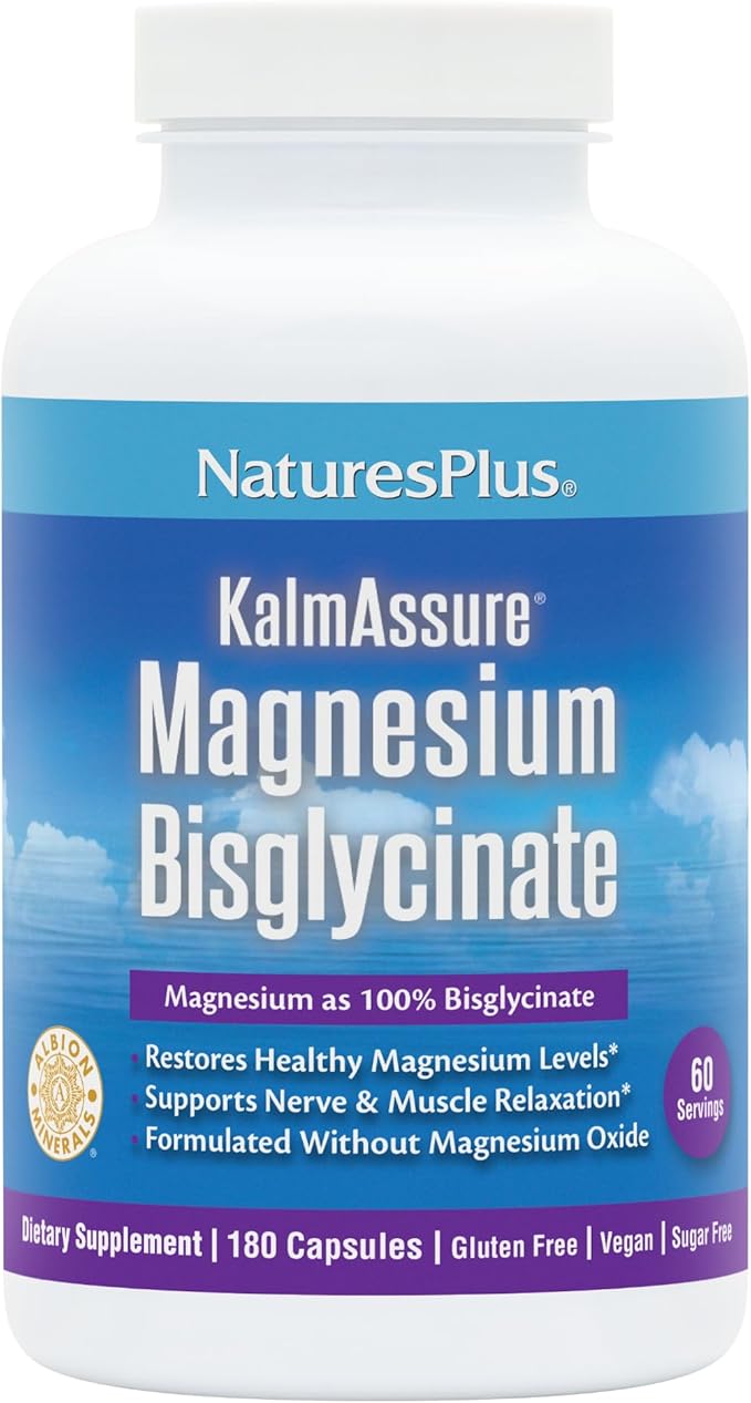 NaturesPlus KalmAssure Magnesium Bisglycinate - 180 Capsules - Supports Nerve &amp Muscle Relaxation - Formulated Without Magnesium Oxide - 60 Servings