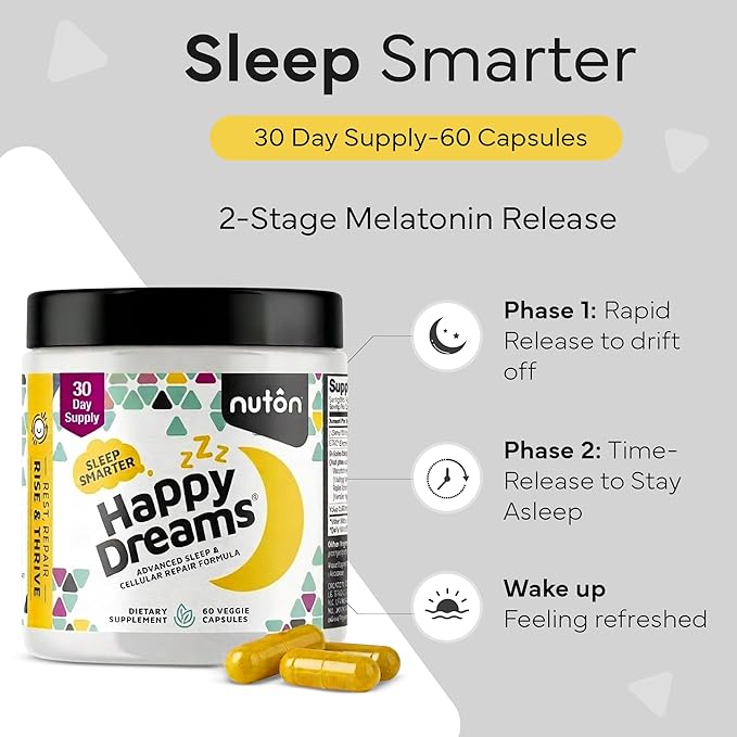Nuton Happy Dreams Natural Sleep Aid Supplement &amp Cellular Vitality - Melatonin Sleep Aid for Adults Time Release Formula with ETAS Asparagus L-Serine and Venetron Extract 60 Veggie Capsules
