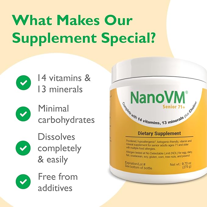 Senior 71+ Allergen-Free Vitamin Supplements Unflavored Multivitamin Powder with 14 Vitamins &amp 13 Minerals Low-Carbohydrate Mineral Supplements 275g - Solace Nutrition
