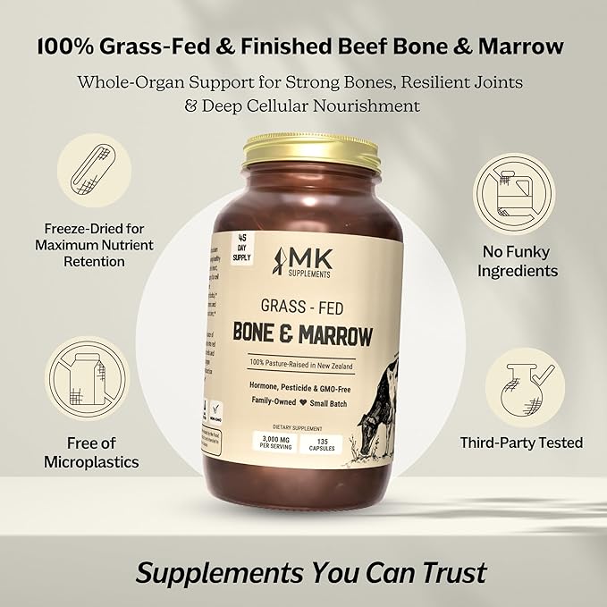 MK Supplements Grass-Fed Beef Bone &amp Marrow Supplement Supports Healthy Joints Bones Teeth Immune Support Freeze-Dried Non-GMO 45 Servings (3000 mg Each)