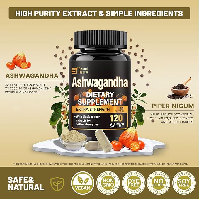 Ashwagandha Capsules Supplements - Ashwagandha Powder for Women &amp Man | Vegan Plant Based Gluten-Free Non-GMO | 120 Capsules (60 Servings)
