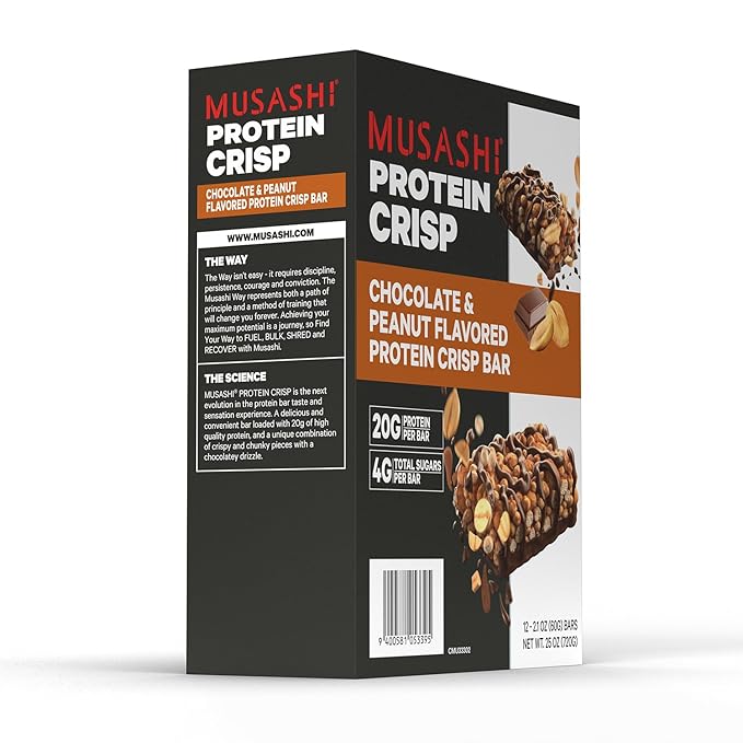 MUSASHI Protein Crisp Bar 20g Protein 4g Total Sugars Chocolate &amp Peanut Post Workout and Snack On The Go 12 Pack of 2.1oz (60g) Bars