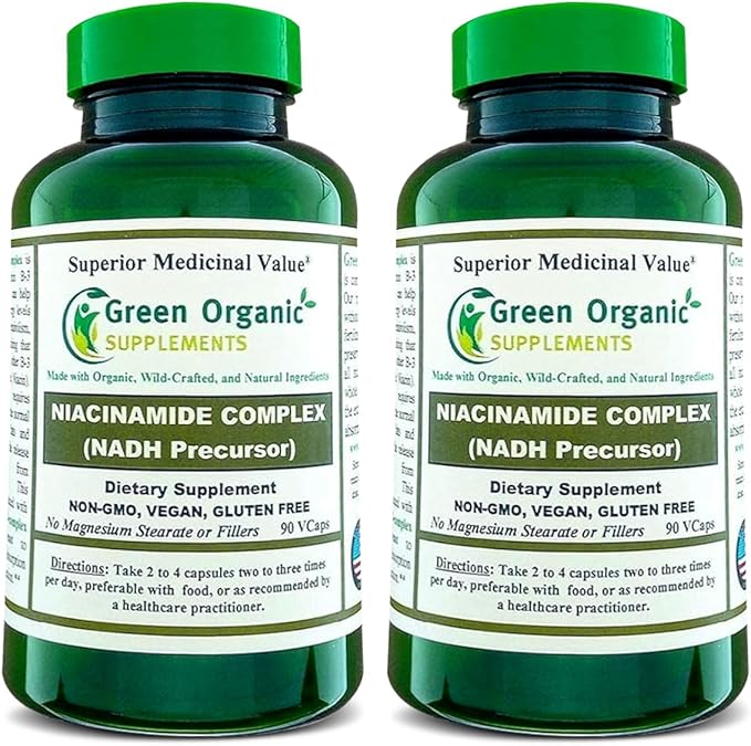 Green Organic Supplements Niacinamide Niacin NAD NADH 90 VCaps High Absorbable Non-GMO Gluten-Free (Pack of 2)