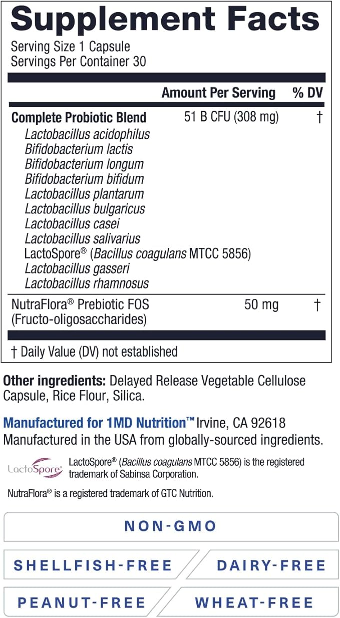 1MD Nutrition Complete Probiotics Platinum - w/Prebiotics and Probiotics for Digestive Health - Probiotic Supplement for Women &amp Men - More Than 50 Billion Live CFU 11 Strains Dairy-Free - 30 Caps