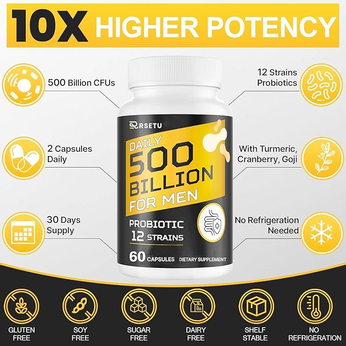 Probiotics for Men 500 Billion CFUs &amp 12 Strains Mens Probiotic with Turmeric Cranberry Goji Gut Health for Men for Digestive Health Gut Bloating &amp Gas Immune Energy Support 60-Day Su