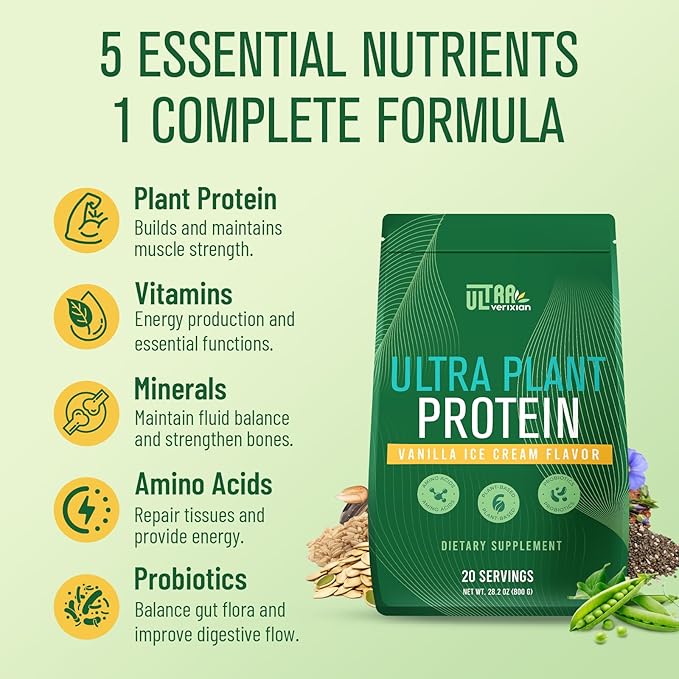 30g Plant-Based Protein Powder 5-in-1 Vegan Protein Powder Vanilla 0g Sugar with 20 Billion CFU Probiotics BCAA Vitamins and Minerals Digestive Support Keto-Friendly Low Carb 20 Servings