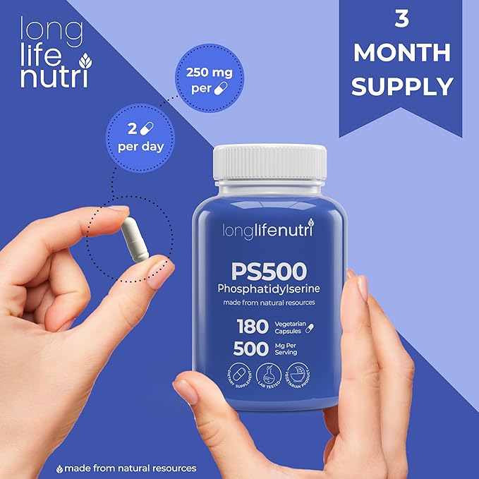 Phosphatidylserine Pure 500mg – 180 Vegetarian Pills 3-Month Supply Supplement for Strengthening Memory Focus &amp Cognitive Function Made in USA Lab Tested Non GMO