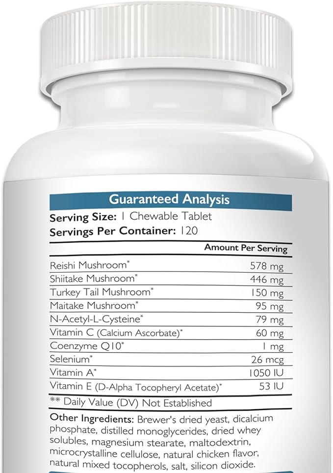 Immune Support for Dogs Plus Antioxidant Reishi Shiitake Maitake Turkey Tail Mushrooms for Dogs with Coenzyme Q10 Selenium Vitamin A 120 Chewable Tablets