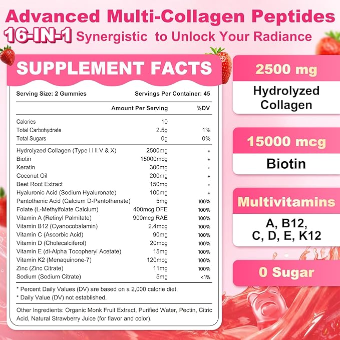 180 Count | Collagen Peptides Gummies for Women Men Collagen Gummies with Multi Hydrolyzed Protein Type IIIIIIVX Biotin Vitamin C B12 D A E for Skin Hair Nails Bone Sugar Free
