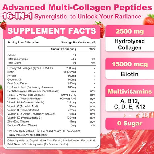180 Count | Collagen Peptides Gummies for Women Men Collagen Gummies with Multi Hydrolyzed Protein Type IIIIIIVX Biotin Vitamin C B12 D A E for Skin Hair Nails Bone Sugar Free