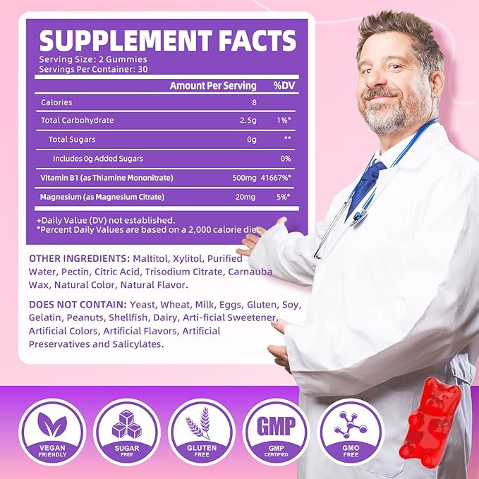 2 Pack Vitamin B1 Gummies 500mg for Adults &amp Kids – High Potency Thiamine B1 Supplement for Energy &amp Nervous System Support Sugar-Free Raspberry Flavor 120 Count