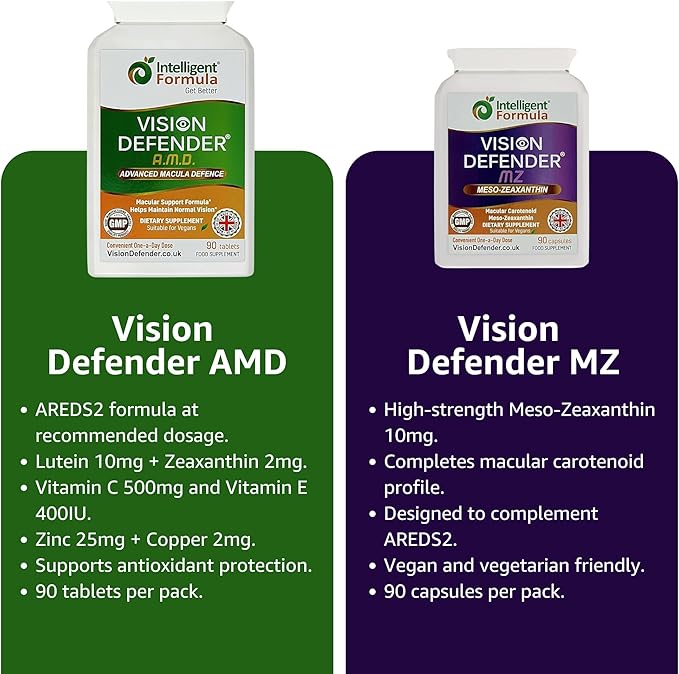 Vision Defender AMD and Vision Defender MZ Macula Health Bundle - AREDS2 Formula Boosted by Optimum High Strength Meso-Zeaxanthin Vegan Health Supplement (90 Days Supply)