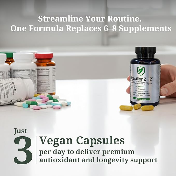 ResilienZ-12 Healthy Aging &amp Cellular Health – 12-in-1 Longevity Antioxidant Complex w/Meriva Curcumin Phytosome Sulforaphane CoQ10 EGCG Resveratrol Quercetin Tocotrienols &amp Astaxanthin