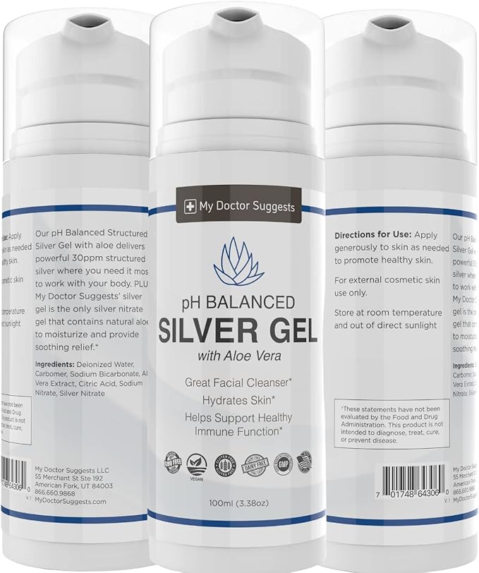 Colloidal Silver Gel Burn and Wound Care with Aloe Vera - 30ppm pH Balanced Formula Helps Soothe Burns Sores &amp Eczema - Structured Silver - Made in USA (3.38 oz)