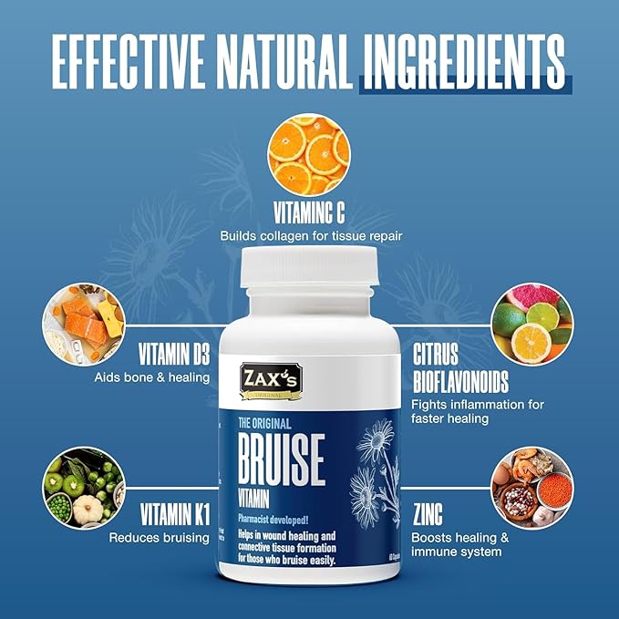 ZAX'S Bruise Vitamin Pharmacist Developed Bruising Supplements Potent Bruising Swelling Reducer Zinc Vitamin K D3 Ascorbic Acid Citrus Bioflavonoids 60 Caps Combine Arnica Bruise Cream