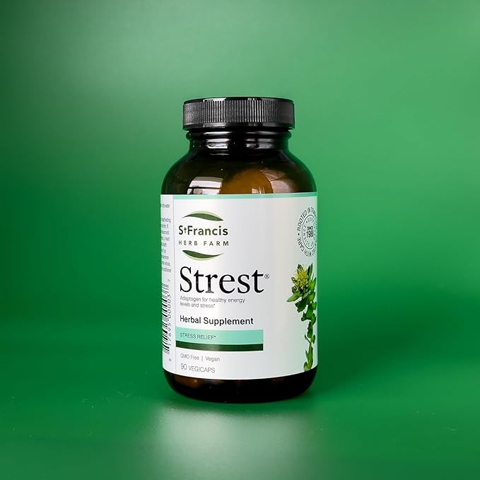 St. Francis Herb Farm Strest® Capsules (5:1 Powder Extract) Stress Relief Supplements 90 Capsules | One-Month Supply Organic Herbs Ashwagandha Holy Basil Rhodiola Siberian Ginseng Oat Schisandra