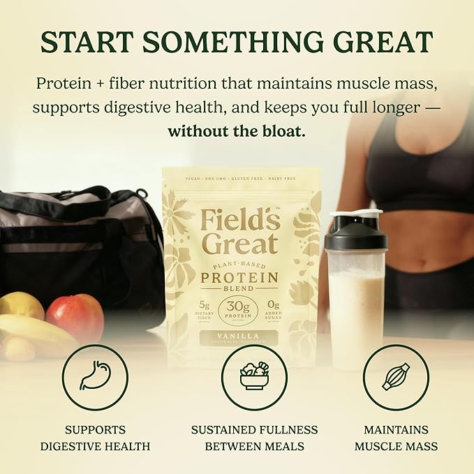 Field's Great Plant-Based Protein with Fiber for Muscle Maintenance Vegan Protein Powder Whey Free Gluten Free Dairy Free - 30g of Protein and 5g Fiber in Each Serving (Vanilla -4 Pack)