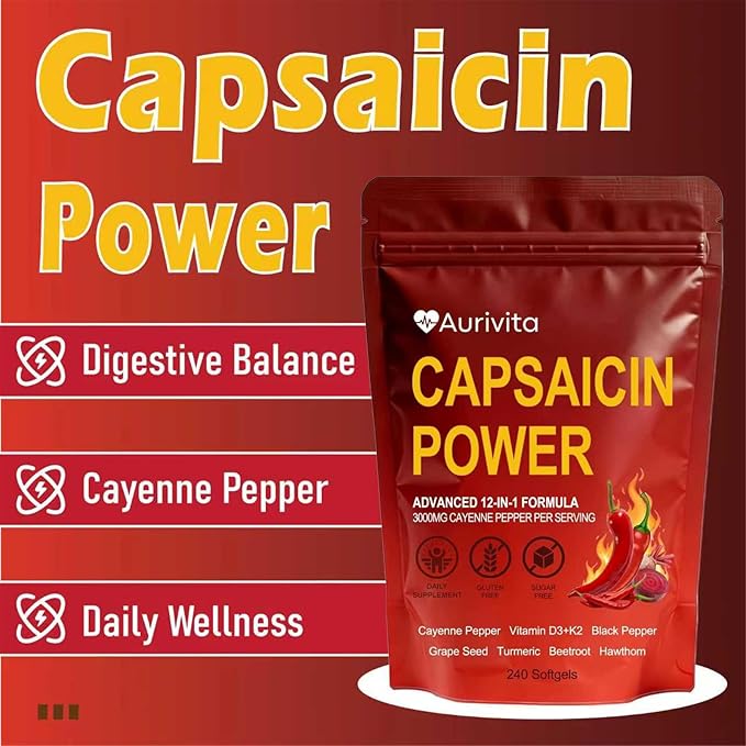 Aurivita Capsaicin Power - Cayenne Pepper Softgels with Vitamin D3+K2 Beetroot &amp Grape Seed Extract Supports Digestive Health 240 Softgels