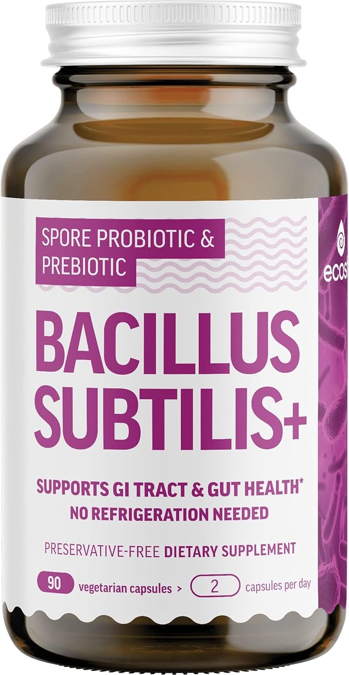 Bacillus Subtilis Spore Based Probiotic — High Potency Strain with Prebiotic for Balanced Belly | Daily Gut Health &amp Microbiome Support for Family | 6 Billion CFU Per Day | 90 Vegetarian Capsules