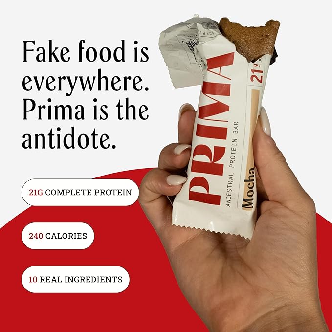 PRIMA ANCESTRAL PROTEIN BAR Grass Fed Protein Bars - 21G Protein – Animal-Based Protein Bar with Beef Tallow Raw Honey Seed Oil Free Low Carb Gluten-Free – Mocha - 7 Pack