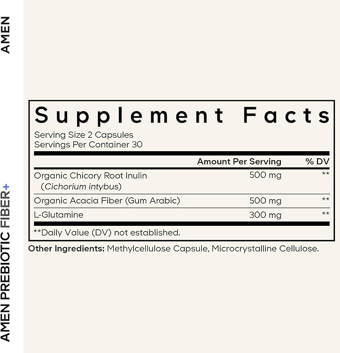 Amen Prebiotic Fiber Supplement - Organic Acacia &amp Chicory Inulin Fiber L-Glutamine - Digestive Support - Vegan Non-GMO - 60 Capsules