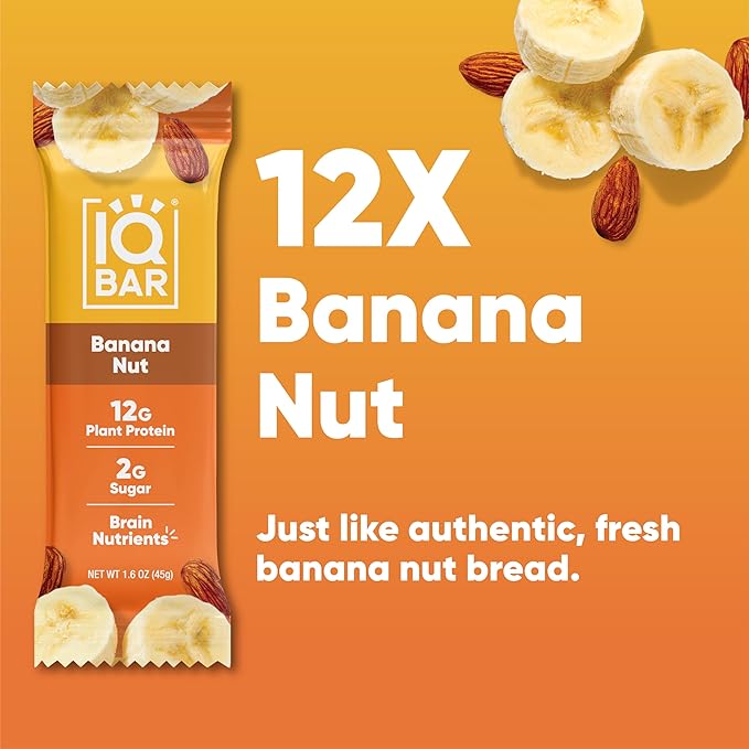 IQBAR Clean Plant Protein Bars - Banana Nut - 12 Count - Keto Vegan High Fiber Gluten and Dairy Free Low Sugar Snack - Brain and Body Nutrients for Focus Energy Meal Replacement