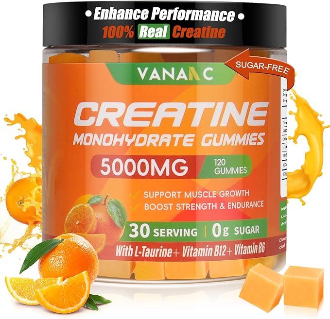 Creatine Monohydrate Gummies 5000mg 120 Count Sugar Free Pre Workout Supplement - Creatine with L-Taurine Vitamin B6 &amp B12 for Muscle Growth Strength &amp Energy - Chewable Gummy for Men &amp