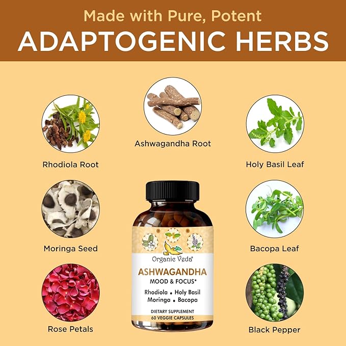 Organic Veda Ashwagandha Mood Support Supplement 1200mg with Organic Ashwagandha Root Bacopa Rhodiola Rosea Holy Basil Moringa Focus &amp Energy Support - 60 Vegan Capsules