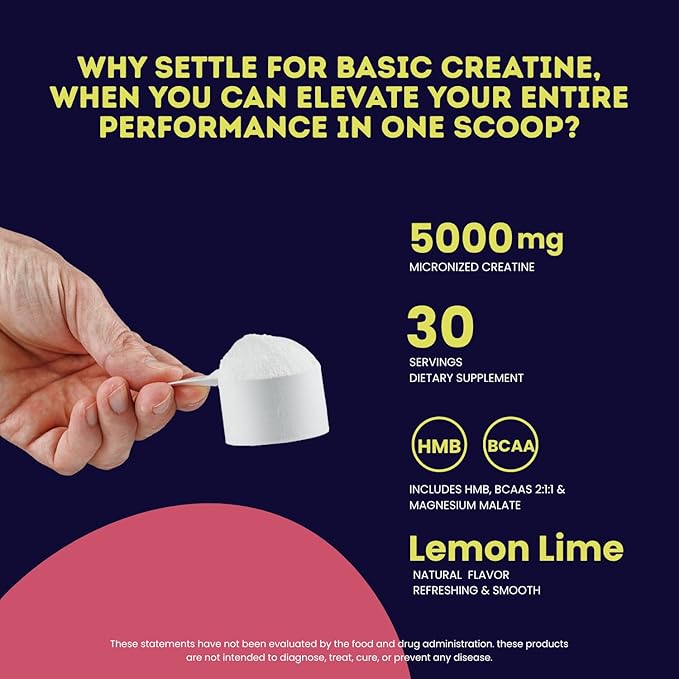 Micronized Creatine Powder with BCAAs + HMB for Muscle Growth Strength &amp Recovery | Lemon Lime Flavor | 30 Servings