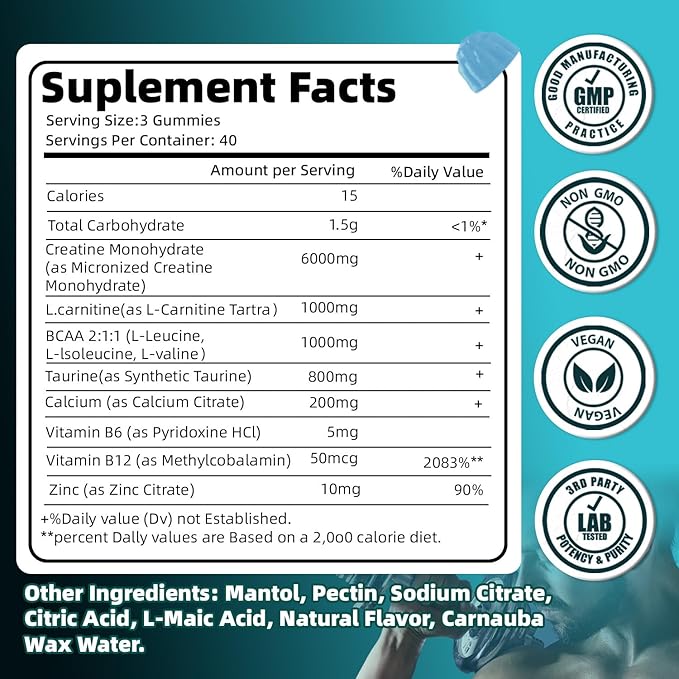 Creatine Monohydrate Gummies 9000mg for Men &amp Women Potent Creatine Supplement 5g Chewables Creatine Per Serving Pre-Workout Gummies for Enhanced Strength Energy &amp Muscle Growth - 120 Count