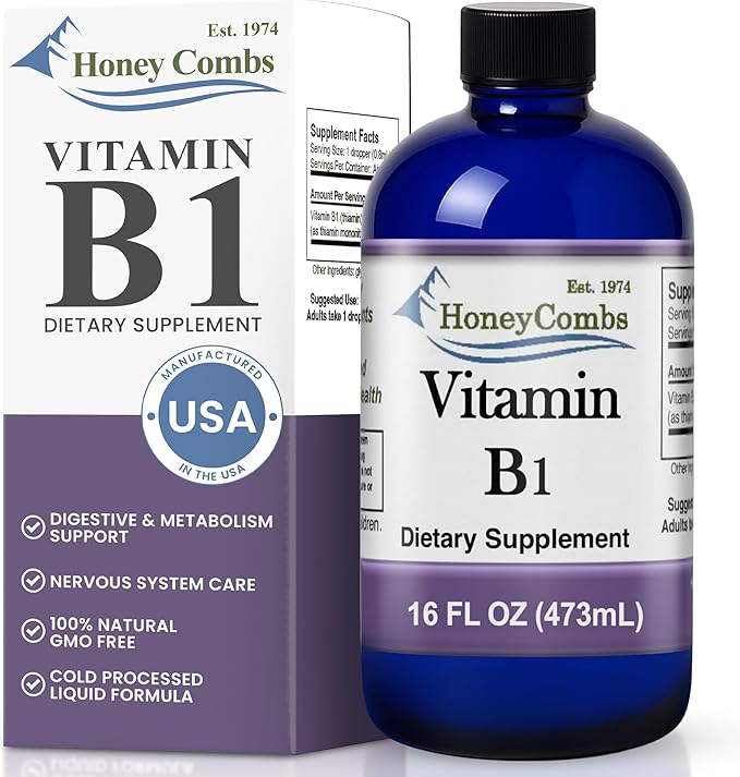 HoneyCombs Vitamin B1 Supplement (Thiamine) Liquid Drops - High Potency Thiamine B1 Supplement for Men &amp Women - Maintain Nervous System Energy &amp Overall Health - Vegan Liquid B Vitamins (16