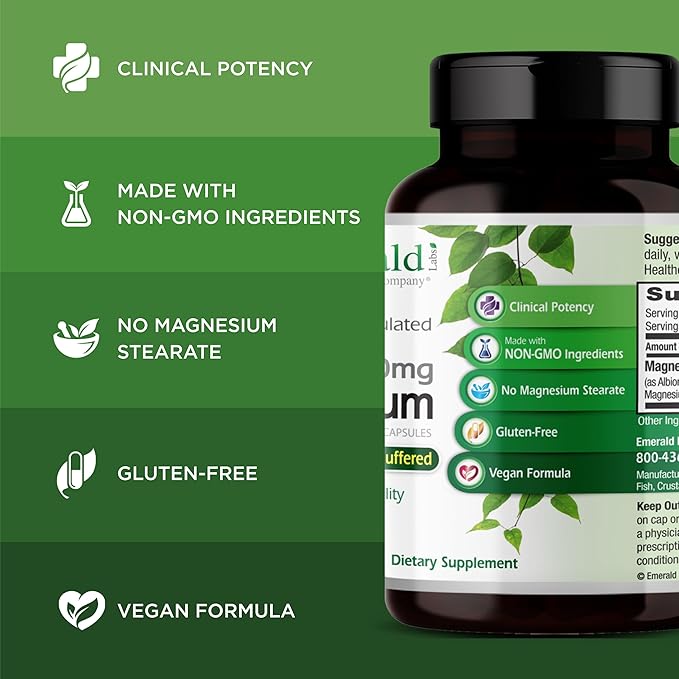 Emerald Labs Magnesium 400mg - Bone &amp Sleep Support with Albion Magnesium* - Vegan Friendly - 120 Vegetable Capsules (30-Day Supply)
