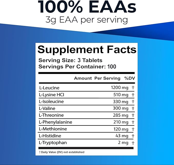 Ultimate 100% Essential Amino Acid Supplement for Cutting Fasting &amp Workouts - All 9 EAAs 40% Leucine — Ideal BCAA Ratio for Energy Muscle &amp Recovery - 300 Easy-to-Swallow Keto &amp Vegeta