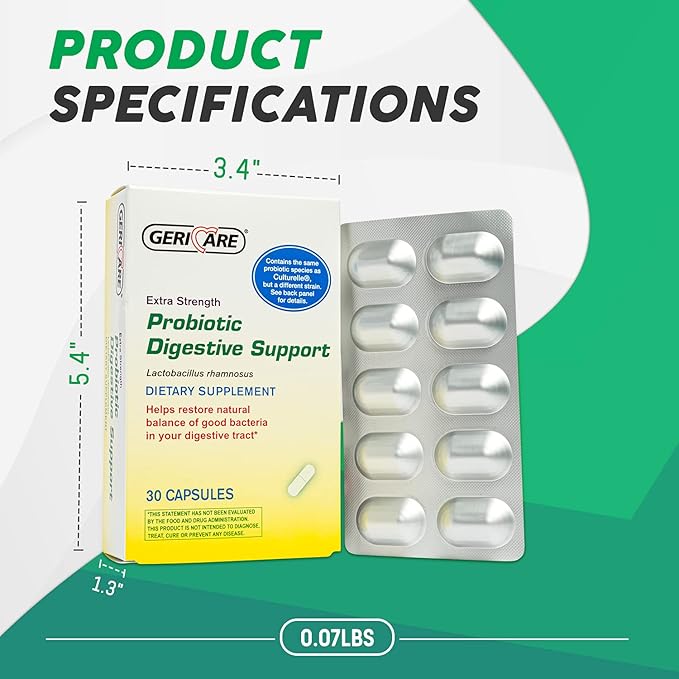 GeriCare Probiotic Digestive Support | Extra Strength 20 Billion CFU Lactobacillus Rhamnosus R-11 Daily Probiotic | Keeps Your Digestive System Balanced | 30 Capsules (2 Pack)