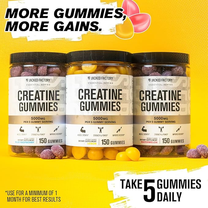 Jacked Factory Creatine Monohydrate Gummies 5g Daily Dose (1g per Gummy) - Creatine Gummy for Men and Women Vegan-Friendly Travel-Friendly Third-Party Tested - 150 Gummies Watermelon