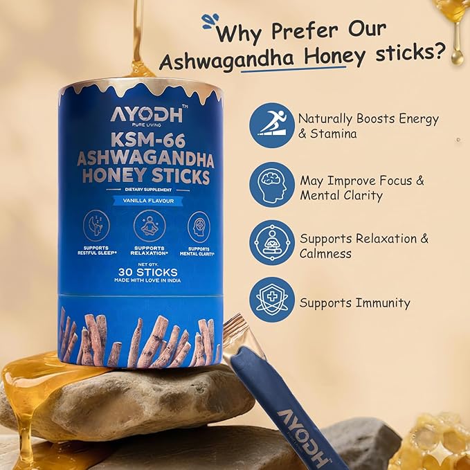 Ashwagandha Honey Sticks Ashwagandha KSM 66 Vanilla Syrup W Raw Honey Ashwagandha for Women/Men Easy To Consume Supports Relaxation Stamina Calmness &amp Immunity – Pack of 30 (0.25 Oz Each)