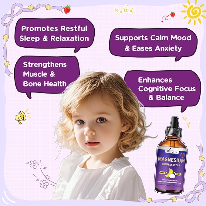 Kids Magnesium Liquid Drops Magnesium Glycinate Liquid for Children's Supplement with Vitamin D3 K2 B12 &amp B6 Omega 3L-theanineLemon Balm-for SleepRelaxationCalmFocus Strawberry Flavor