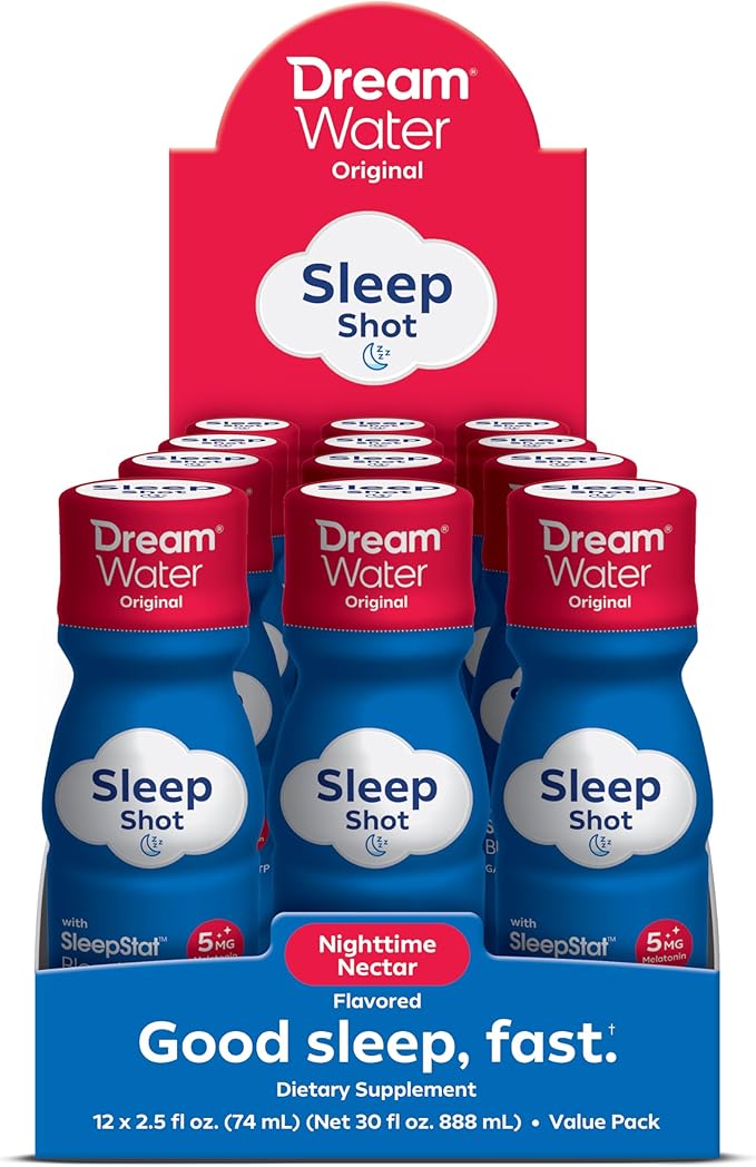Dream Water Sleep Aid Supplement Drink Melatonin 5mg GABA 5-HTP Zero Sugar Natural Flavors No Added Colors 2.5 oz Liquid Sleep Shots Nighttime Nectar 12-Count