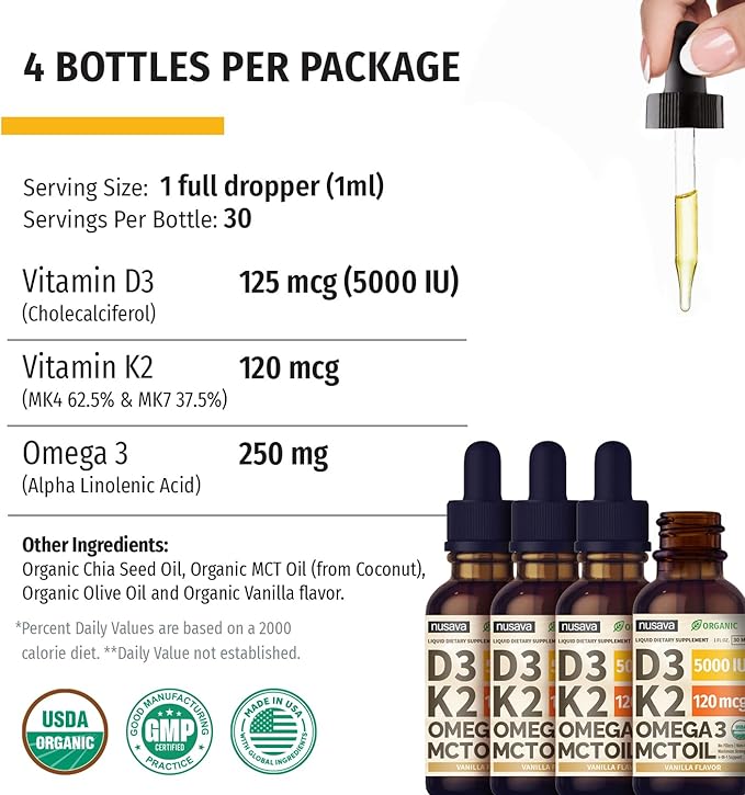 NUSAVA (4 Pack) Organic Vitamin D3 K2 Drops with MCT Oil Omega 3 5000 IU Maximum Strength Vitamin D Liquid - No Fillers Non-GMO Liquid D3 for Faster Absorption &amp Immune Support (Vanilla 4 Fl O