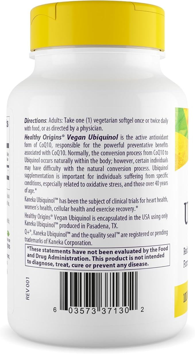 Healthy Origins Vegan Ubiquinol (Active Form of CoQ10) 100 mg - Kaneka Ubiquinol Supplements for Heart Health &amp Antioxidant Support - Gluten-Free &amp Non-GMO Supplement - 60 Veggie Gels