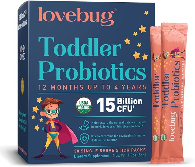 Lovebug Kids Probiotic Powder with Prebiotic Fiber - Toddler Immunity Support &amp Constipation Relief - USDA Organic Probiotics for Childrens Gut &amp Digestive Health (Ages 1-4) - 30 Pack (Unflavo