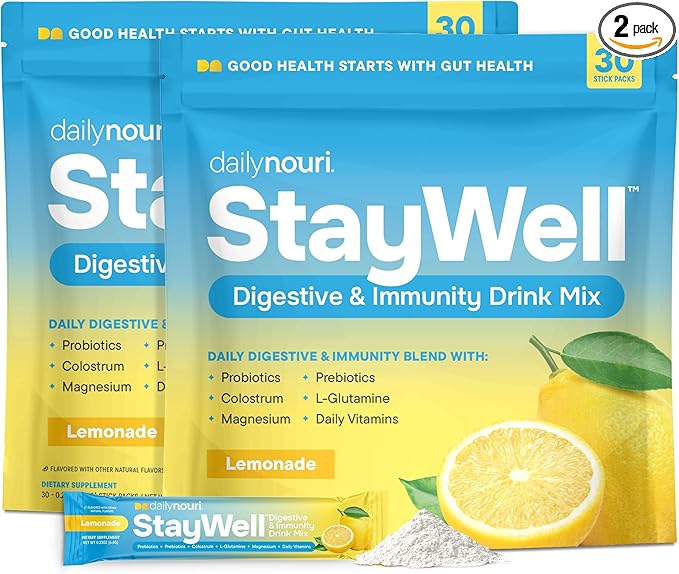 Daily Nouri StayWell Gut Health Drink Mix | Digestive &amp Immune Support Powder | Colostrum + L-Glutamine + Probiotics | Lemonade | 60 Stick Packs