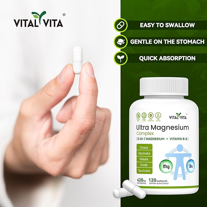 (420mg) Ultra Magnesium Complex 5-in-1 Magnesium Plus Vitamin B-6 Supplement for Nerve Heart Muscle Health &amp Relaxation* Maximum Bioavailability &amp Absorption Gluten Free 120 Capsules