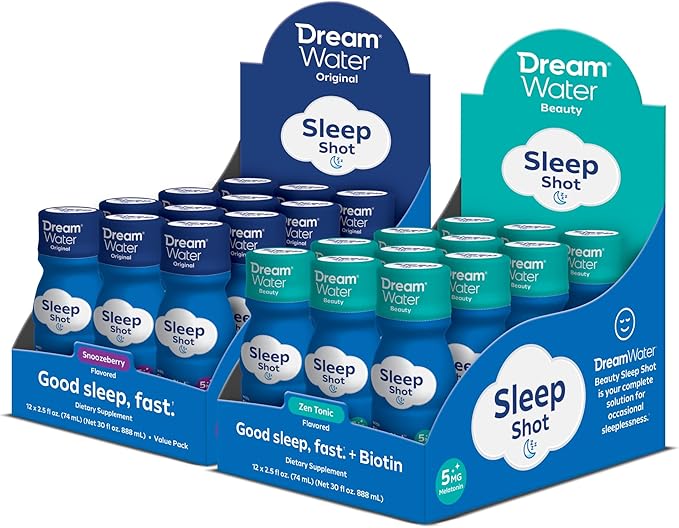 Dream Water Sleep Aid Supplement Drink Melatonin 5mg GABA 5-HTP 2.5 oz Sleep Water Snoozeberry + Beauty Zen Tonic 24-Pack