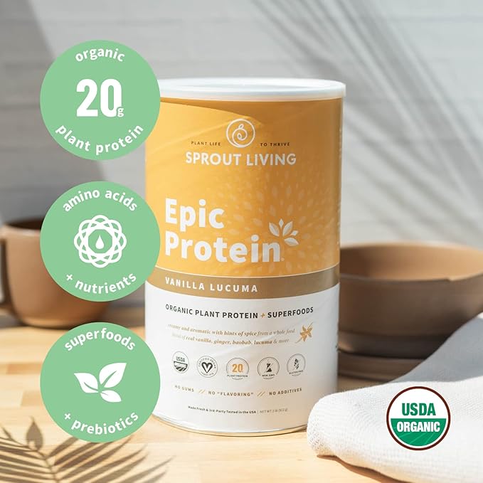 Sprout Living Epic Protein Bundle - Chocolate Maca &amp Vanilla Lucuma (20g Organic Plant-Based Protein Powder Vegan Gluten Free Superfoods) | 2lb 24 Servings