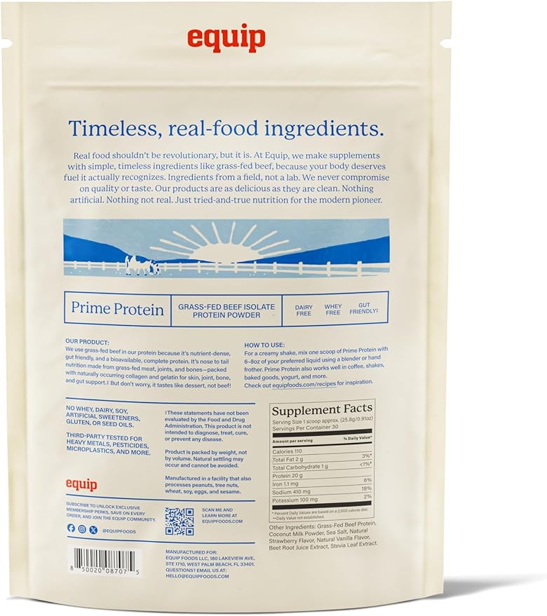 Equip Foods Prime Protein Powder | Clean Grass Fed Beef Protein Powder | Carnivore Protein Isolate | Paleo Keto Friendly | Gluten &amp Dairy Free | Helps Build &amp Repair Tissue | 30 Servings St