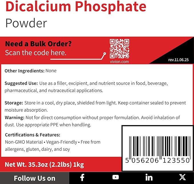 Dicalcium Phosphate Anhydrous Powder - 1 kg (2.2 lb) - DCPA FG Bulking Agent - FCC USP