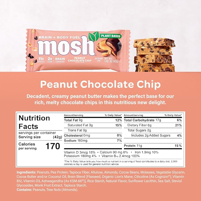 MOSH Peanut Chocolate Chip Vegan Protein Bars Plant Based Keto Gluten Free Brain Healthy Snack with Cognizin Ashwagandha and Lion's Mane 12 Count