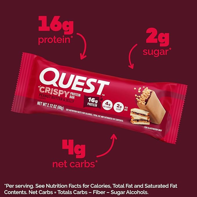Quest Nutrition Crispy Peanut Butter &amp Jelly 16g Protein Bar 2g Sugar 4g Net Carbs Gluten Free Snack Keto Friendly 12 Count